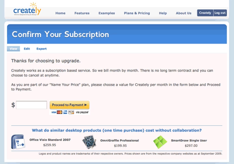 Creately pay what you want plan