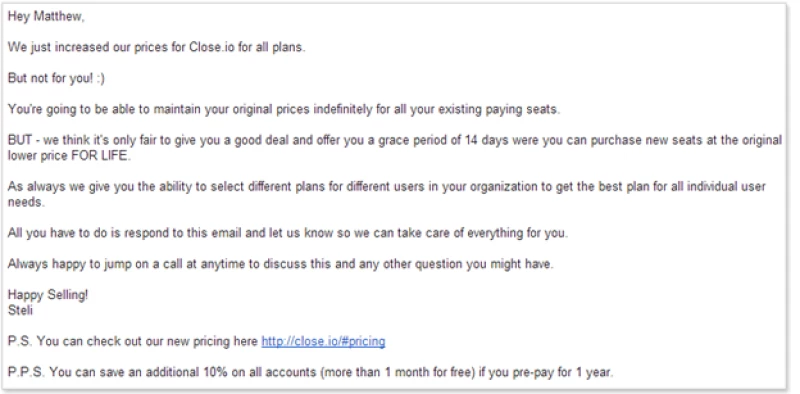 Close SaaS pricing increase email
